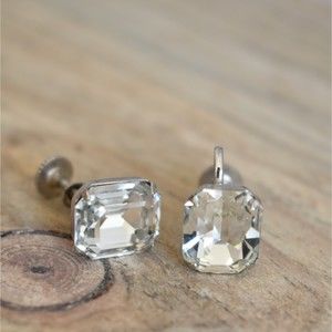 Vintage Emerald Cut Rhinestone Stud Screwback Earrings